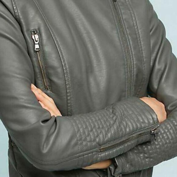 Anthropologie Jacket Moto Crop Womens Extra Small Gray Vegan Faux Leather Pocket - Picture 11 of 15